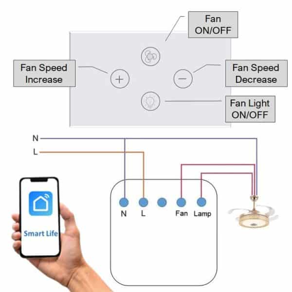 Smart WiFi Fan Light Switch touch panel wiring connections tuya