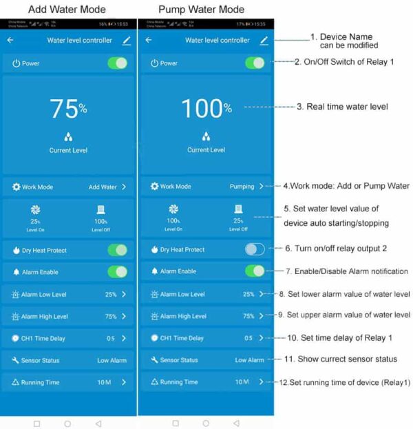 water level sensor detector and pump controller smart wifi settings